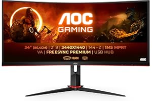 AOC Écran gaming incurvé ultrawide CU34G2X 86 cm (34 pouces) (QHD, HDMI, DisplayPort, FreeSync, temps de réponse de 1 ms, 144 Hz, 3440x1440) noir/rouge