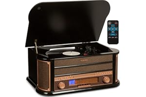 Auna Platine Vinyle, Lecteur CD et USB avec Haut Parleur, Tourne-disques Audio Vinyle 33 Tours, Chaine HiFi avec Platine Vinyle en Bois, Vintage, avec 3 Vitesses
