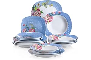 VEWEET 'Hannah' 18-Piece Dinner Set Blue White Dots Pink Flower Porcelain Dinner Plate Set of 7.5 Dessert Plates, 8.5" Soup Plates, 9.75" Dinner Plates for 6