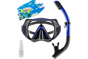 FULYBAO Snorkel Set Adults, Scuba Snorkelling Packages with 180° Panoramic Anti-Fog Tempered Glass Snorkel Mask, Leak Proof Dry Top Snorkel for Snorkeling Diving Swimming with Anti Fog Spray