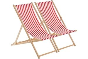 Harbour Housewares Folding Wooden Deck Chairs – Red Stripe – Pack of 2 – Adults Traditional Foldable Reclining Outdoor Canvas Sun Lounger Chair Seat for Garden Patio, Beach, Camping