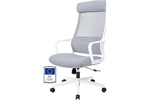 MELOKEA Silla de Oficina Ergonómica con Reposacabezas Ajustable, Respaldo Alto, Soporte Lumbar Ergonómico y Función de Balancín, Silla de Escritorio de Malla, Certificada EN 1335, Gris