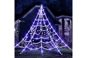 23GUANYI Spider Web Decoration, Halloween Decorations Outdoor 19 * 23 FT Spider Webs 1.3m Big Black Spider, 270 Purple LEDs And 8 Light Modes,Giant Spider Halloween Decorations