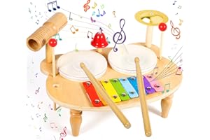 POWZOO Tambor Juguetes Musicales,10 IN 1 Juguetes Instrumentos Musicales Madera,Juguetes Montessori,Bateria Regalo Niño 3 4 5 6 Año,Regalos para Niños de Navidad y Cumpleaños.
