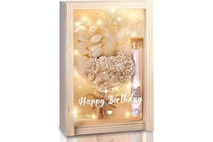 ‎CHARFIA Geldgeschenk Geburtstag, Geldgeschenke Verpackung, Happy Birthday Geschenkbox inklusive Getrocknete Blumen, Reagenzglas, Lichterketten, Geldgeschenke für Frauen, Geburtstagsgeschenk aus Holz
