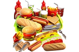 HAUTLLAIF Play Food Sets,Removable Hamburger Hot dog Fast Play Food Sets for Children Kitchen, Kids Kitchen Accessories for 3-5 Years Old Boys and Girls