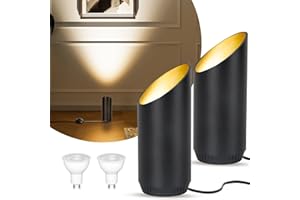 HUAEU LED Sol Spot – 6W Lampe de Sol pour Intérieur, Noir, 3000K Blanc Chaud, Avec Ampoule GU10 LED 500LM, Spot avec Interrupteur Pied (noir, 2 paquet)