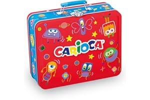 CARIOCA Set Creativo 100 Pennarelli Punta Fine Lavabili con Album da Colorare A4 e Astuccio Metallo Rosso, per Bambini e Regalo