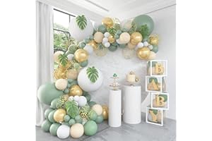 Arche Ballon Anniversaire Vert Olive, Vert Sauge Guirlande Ballons Confettis or blanc Ballon Vert Rétro pour fête d'anniversaire Garçon, Baby Shower, Fête à Thème Jungle Safari, Mariage Décor