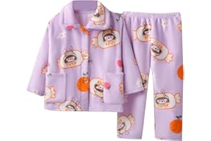 Huttam Pyjama Fille 2 a 14 Ans Hiver Chaud Polaire Lapin imprimée Ensemble Chemise de Nuit Fille ado Manches Longues Boutons Poches Pantalon Vetement de Nuit Molleton Loungewear Peluche