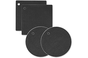 4 Stück Topfuntersetzer Set Uktunu Topfuntersetzer aus Silikon Topf Untersetzer Topflappen zum Küche Spülmaschinenfest Hitzebeständigerung Schwarz Quadratisch Runde
