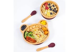 Vinsani Bamboo Panda Plate Bowl and Spoon Set for Baby Toddler Kids Children, Suction Plate, Stay-Put Non-Slip Base Design, Hypoallergenic, Food-Grade Silicone and BPA-Free Baby Feeding Set (Red)
