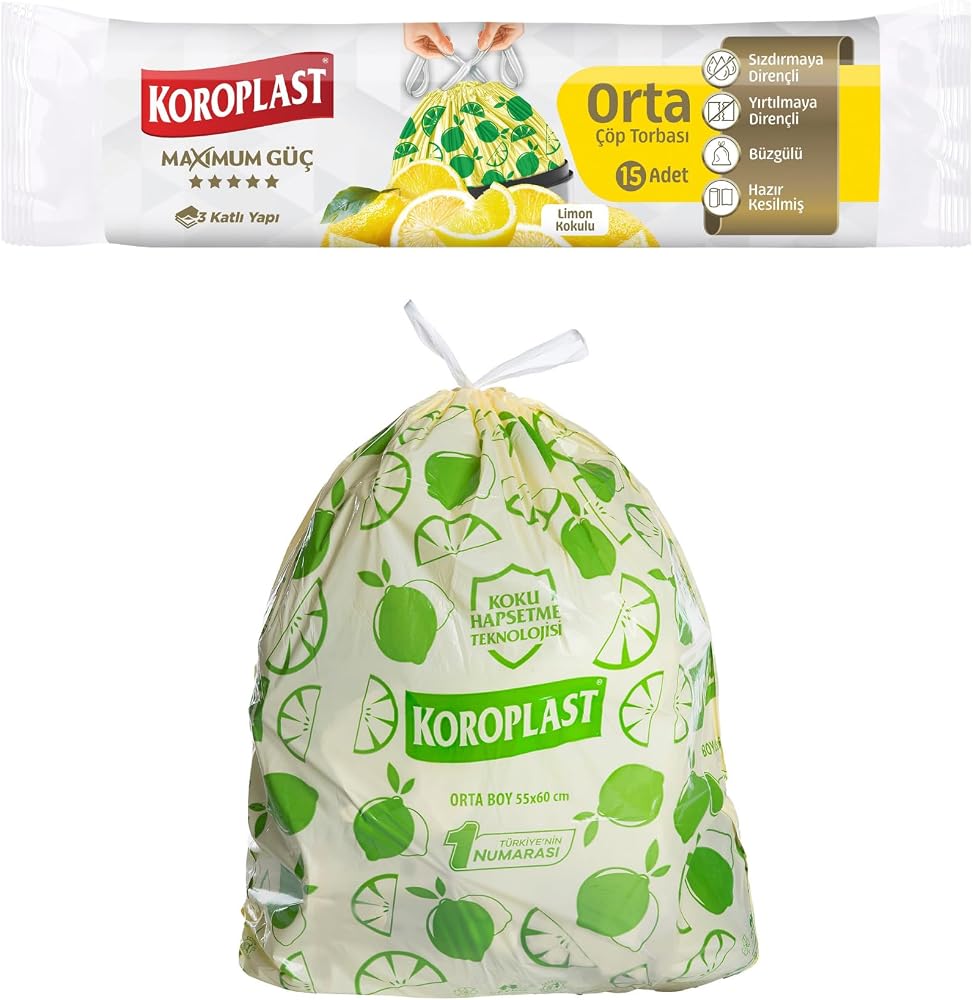 Koroplast Ekstra Güçlü Limon Kokulu Büzgülü Orta Boy Çöp Poşeti 15li