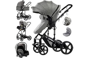 DZIRANAM 3-en-1 Cochecito de Bebé con Silla de Coche, Cuna de Paisaje Elevado, Toldo Ajustable y Ruedas con Amortiguadores, Marco de Aleación de Aluminio(gris)