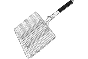 Puupaa Cesta plegable de acero inoxidable para barbacoa de malla cuadrada portátil con mango largo extraíble para pescado, carne, verduras, herramienta de cocina al aire libre