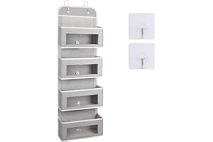 MaoXinTek Over Door Hanging Storage with Metal Hooks 4 Pockets Foldable Wall Mount Organizer with Transparent Window for Toys Magazine Sunglasses Hat Grey