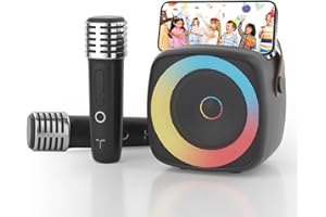 TANALAZ Karaoke per Bambini con 2 Microfono, Regalo Bambina 3-12 Anni Microfono Bluetooth Per Ragazzi e Ragazze, Portabile Macchina Karaoke con Design Supporto per Telefono, sistema PA per feste a casa(Nero)