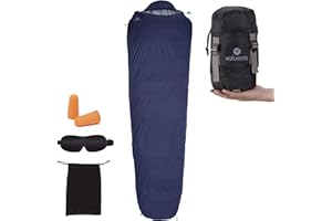 valuents Śpiwór puchowy 215 cm – ultralekki i ciepły – wypełnienie: puch kaczy (190 g) – mały rozmiar opakowania + plus: maska do spania i zatyczki do uszu