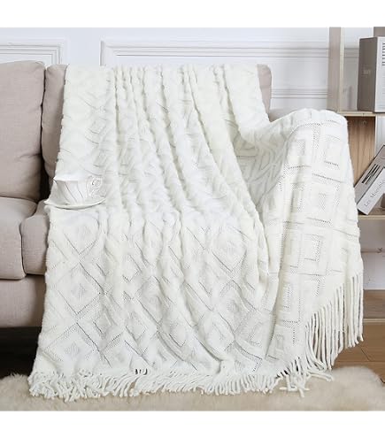 Uxcell Manta De Punto 100% Algodón Para Sofá Y Sofá, Manta De Punto Trenzado Suave Y Ligera, Manta De Decoración Del Hogar, Color Beige, 50 X 60 Pulgadas