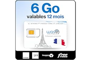 Wave Connect SIM Données France 4 Réseaux, 6 Go valables 12 Mois, Bouygues, Free, Orange, SFR, 4G, 5G, Prépayée, Active dès La Première Utilisation, UE, IoT, Sécurité