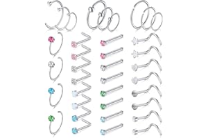 Rajnard Piercing Nariz Acero Quirúrgico 24-30pcs Cristal de Colores L Forma Anillo Nariz Espiral 20G Mujeres y Niñas