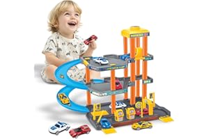 koolbitz Kids 3-Story Car Parking Lot and Garage Playset Toy with Lift, Spiral Ramps, Fuel Station, Service Area and Cars, 3 Floors of Parking Garage Pretend Play for Boys and Girls ages 3+