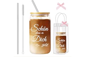 AURAFUSION Trinkglas con tapa y pajita, 16 oz, vidrio sin plomo, incluye caja de regalo, regalo de cumpleaños para mujeres, ideal para cócteles, jugo y más