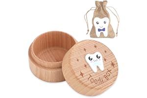 LIUCONGBD Wooden Tooth Fairy Box, 3D Cute Carved Tooth Holder with Bag for Kids, Keepsake Organizer for Storing Baby's Dropped Lost Teeth (Boy)