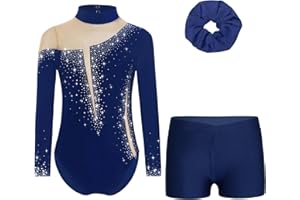 RUNQHUI Enfant Fille Justaucorps de Gymnastique Short Strass Brillant Ensemble Tenue Patinage Artistique Danse Spectacle