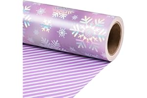 RUSPEPA Rollo De Papel De Regalo Reversible Navideño Para Niñas,Diseño De Copo De Nieve Pastel En Papel De Aluminio Colorido Y Rayas Moradas, 43.2 Cm X 10 M