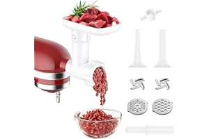 Accessoire Hachoir Viande pour Kitchenaid Robot Pâtissier, Hachoir a Viande avec 2 Plaques de Broyage et 2 Tubes de Poussoir à Saucisses, COFUN Accessoire pour KitchenAid (Blanc)