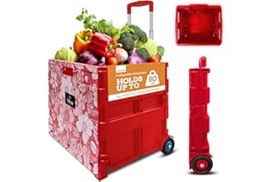 Inspired Living Ultra-Slim Rolling Collapsible Storage Pack-N-Roll Utility-carts, with Telescopic Handle, for Home, Garden, Shopping, Office, School use, Large, Red, White Flower Print
