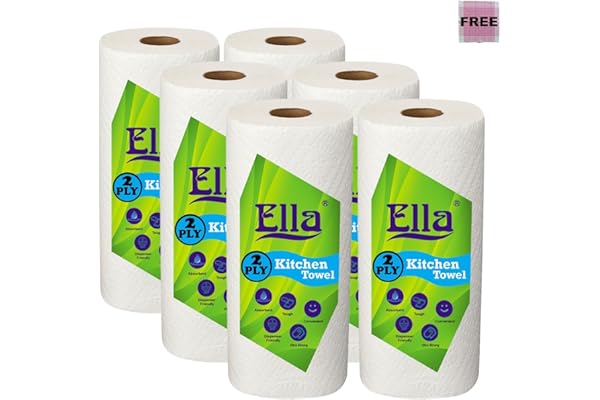 Ella 2 Ply Kitchen Tissue/Towel Paper Roll soft and highly absorbent - 6 Rolls (60 Pulls Per Roll 360 Sheets)