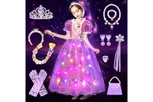 COYBTO Disfraz Princesa Luminosa Niña, Disfraz Cenicienta Bella y Bestia Rapunzel Niña con Luces Corona Princesa Brillante, Vestido Princesa Niña, Disfraz de Princesa para Fiesta Cosplay