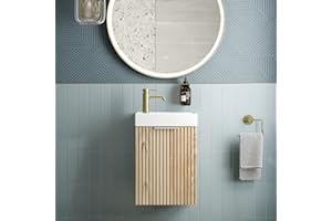 BAYSTONE® Fluted 400mm Bathroom Vanity Unit Ceramic Wash Sink, Cloakroom Storage Furniture Under Basin Cabinet Wall Hung Cupboard, Wood