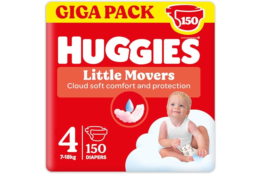 Huggies Little Movers Nappies Size 4 (7-18 kg), Ultra Absorbent, Full Protection, Giga Pack of 150