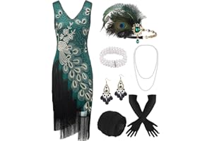 ELFIN Sukienka damska z cekinami z frędzlami, sukienka koktajlowa w stylu lat 20. XX wieku, z opaską na czoło, nakryciem głowy, długimi czarnymi rękawiczkami, naszyjnikiem