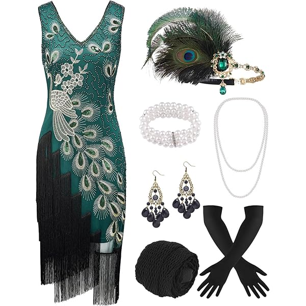 Blulu 1920er Jahre Flapper-Kleid-Set: Vintage-Kostüm Mit Perlen, Feder & Handschuhen – Perfekt Für Mottopartys & Halloween