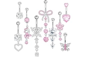 TELAIN Zestaw kolczyków do pępka, 9-częściowy zestaw biżuterii do przekłuwania pępka ze stali chirurgicznej nierdzewnej, zwisające kolczyki do pępka (kokarda, motyl, serce, kwiat), 14G