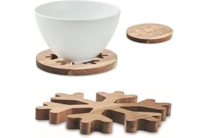 NOTRASH2003 Lot de 2 dessous de plat en bois d'acacia naturel et durable au design flocon de neige pour l'hiver Noël fondue cuisson