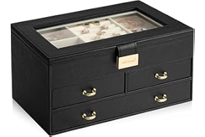 ADEL DREAM Schmuckkasten, 27x16x12 cm,Schmuckkästchen mit 2 Schubladen, PU Leder Schmuckaufbewahrung, für Ringe, Armbänder, Ohrringe, Samtfutter(Schwarz)