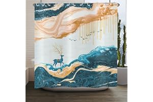 ASDCXZ Duschvorhang Marmor 180x200 cm, Modern Abstrakt Orange Cyan Hirsch Marmor Optik Textur Waschbar Stoff Bad Duschvorhänge Polyester Textil Wasserdicht Duschvorhang für Badewanne mit 12 Hake