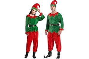 JESOHO Adult Unisex Elf Costume,Christmas Fancy Costume,Green Top, Red Pants, Belt, Hat, Shoe Covers. (Size: S,M,L,XL,XXL)