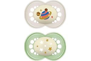 MAM Chupete de Látex de Caucho Natural, Brilla en la Oscuridad, a Partir de 16 Meses, con Tetina Simétrica, Plana y Flexible, con Caja Autoesterilizadora, Neutro Brillante, Pack de 2uds