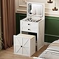 Dystler Farmhouse 3 in 1 Vanity Desk with Mirror, Small Makeup Vanity Set with Soft Light, Space-Saving Vanity Table with Storage Compartment and Padded Stool, Dressing Table for Bedroom, White
