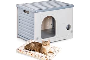 Hibtn Cat House Cave For Outdoor Indoor, Stackable Feral Cat Waterproof Shelter House Insulated Elevated With Cat Nest Mat Grey