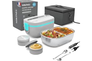 SOKTNEU Gamelle Chauffante 80W 3 en 1 Haute Puissance Lunch Box Electrique Isotherme 220V 24V 12V 1.5L Acier Inoxydable Portable Boîte Repas pour Voiture Camion Bureau Travail