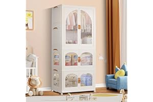 Kalolary Portable Kids Closet, Children's Wardrobe Collapsible Plastic Wardrobe Storage Box with 10 Hangers Storage Containers for Bedroom with Wheels, Suitable for Storing Children's Clothing