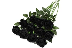 Tifuly Black Fake Roses Artificial Flowers - 10 Pcs Fake Artificial Black Roses Silk Flowers with Stems for Home Wedding Hotel Office Centerpiece Decor