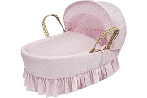 Kinder Valley Broderie Anglaise Pink Moses Basket Bedding Set Dressing Cover and Hood with Quilt, Padded Liner, Body Surround and Adjustable Hood (Basket & Fittings not Included)
